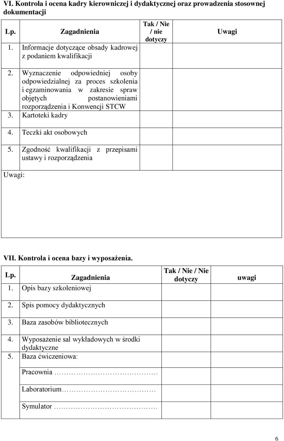Teczki akt osobowych 5. Zgodność kwalifikacji z przepisami ustawy i rozporządzenia Uwagi: Tak / Nie / nie dotyczy Uwagi VII. Kontrola i ocena bazy i wyposażenia. Lp. Zagadnienia 1.