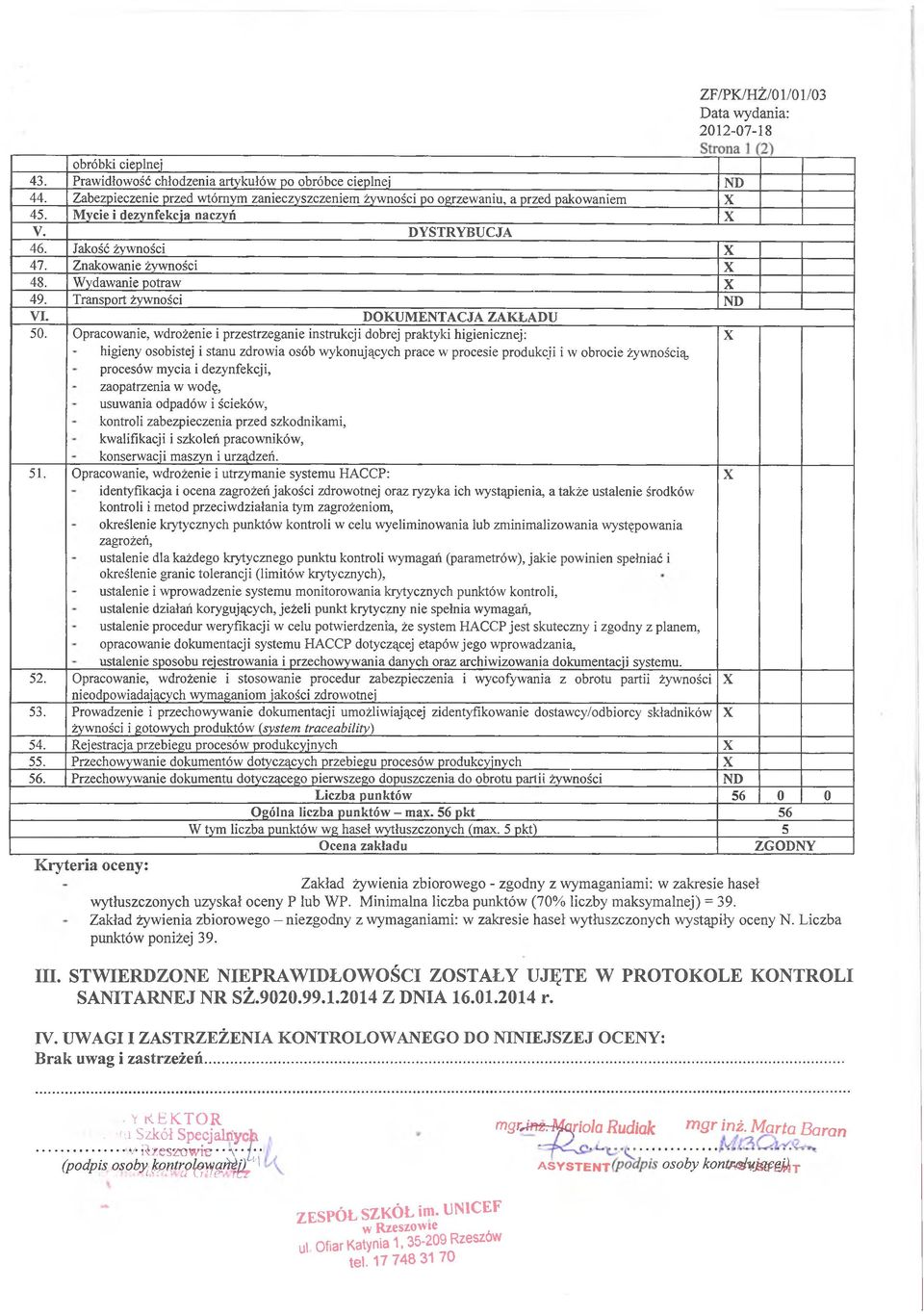 Wydawanie potraw X 49. Transport żywności ND VI. DOKUMENTACJA ZAKŁADU 50.