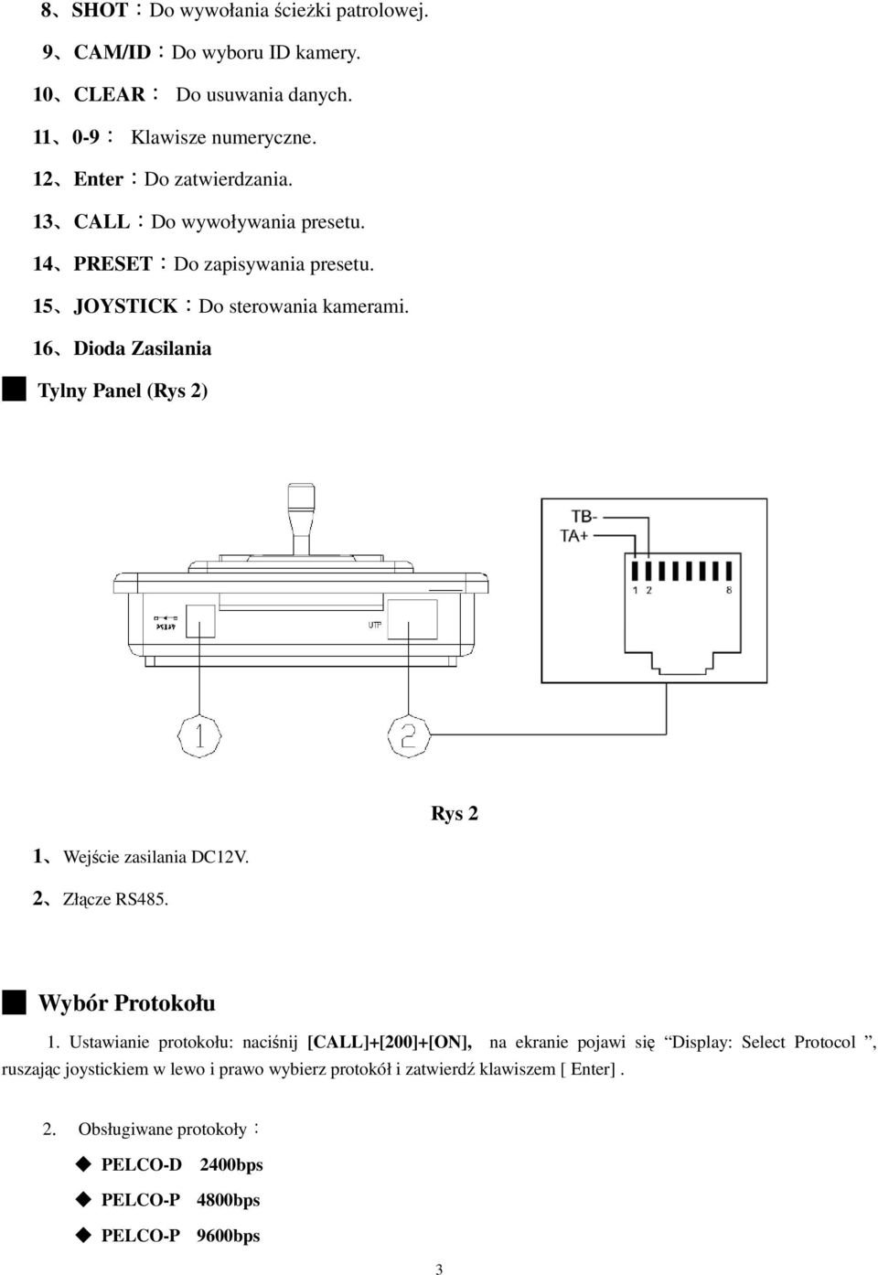 16 Dioda Zasilania Tylny Panel (Rys 2) Rys 2 1 Wejście zasilania DC12V. 2 Złącze RS485. Wybór Protokołu 1.