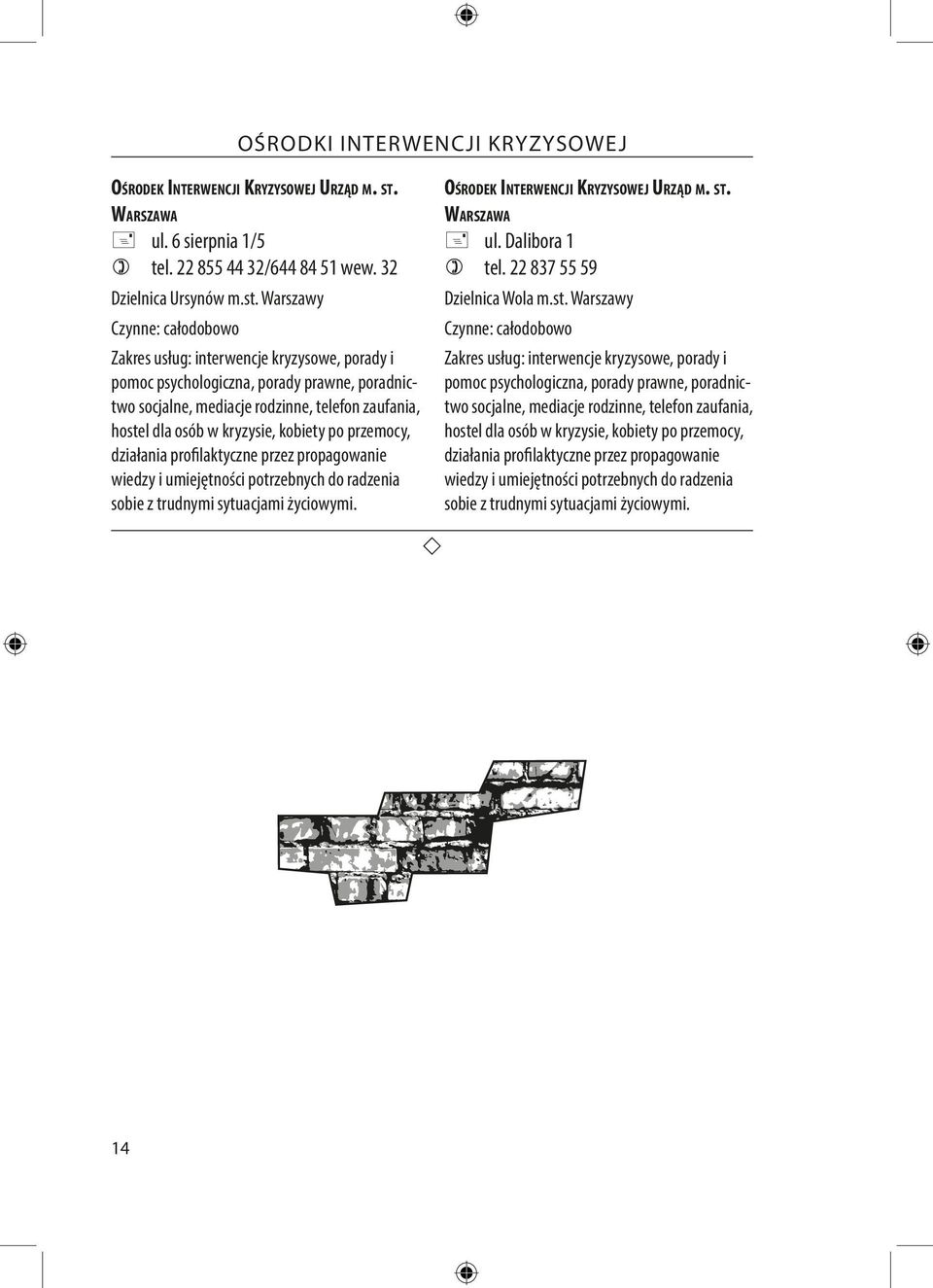 Warszawy Czynne: całodobowo Zakres usług: interwencje kryzysowe, porady i pomoc psychologiczna, porady prawne, poradnictwo socjalne, mediacje rodzinne, telefon zaufania, hostel dla osób w kryzysie,
