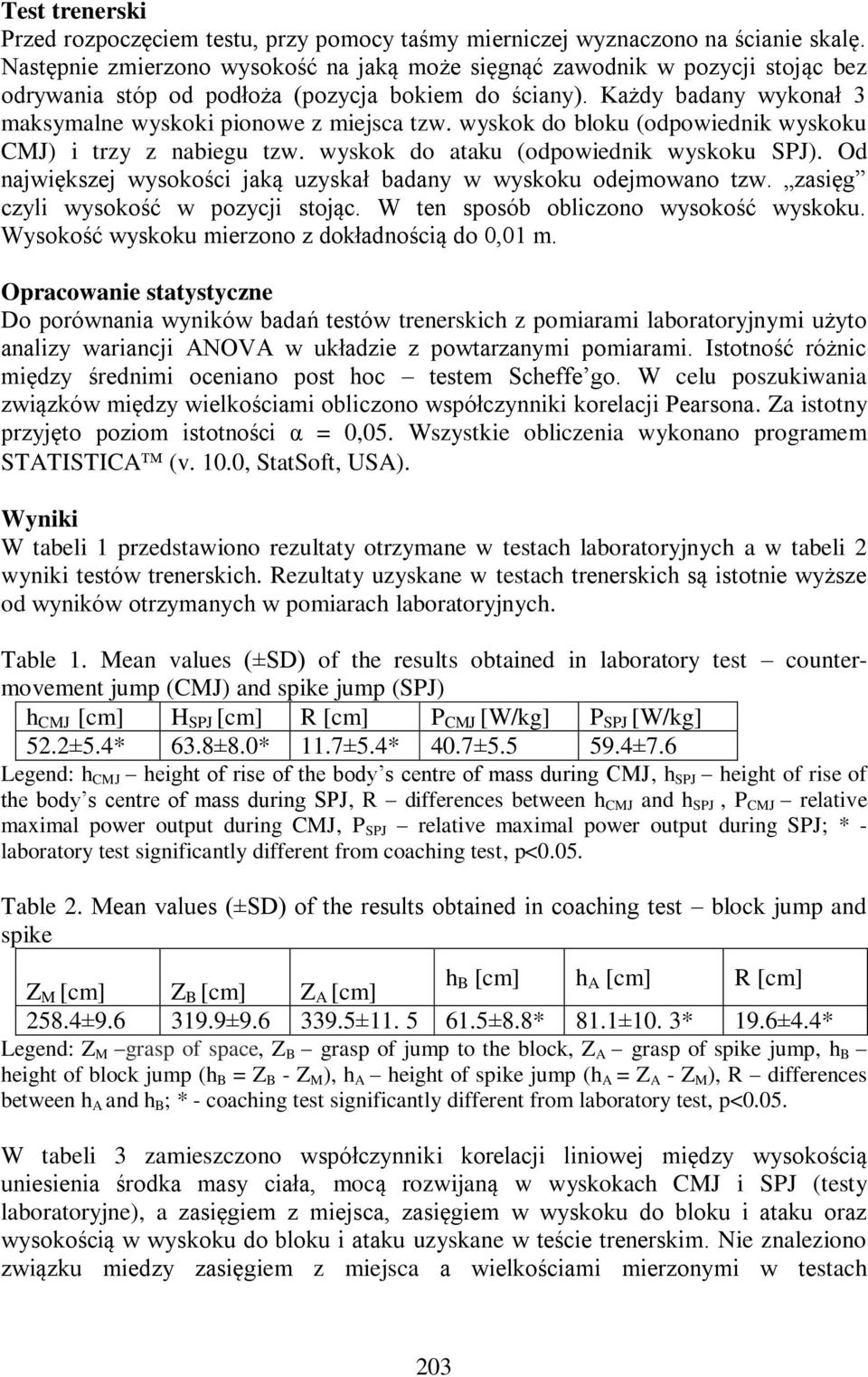 wyskok do bloku (odpowiednik wyskoku CMJ) i trzy z nabiegu tzw. wyskok do ataku (odpowiednik wyskoku SPJ). Od największej wysokości jaką uzyskał badany w wyskoku odejmowano tzw.