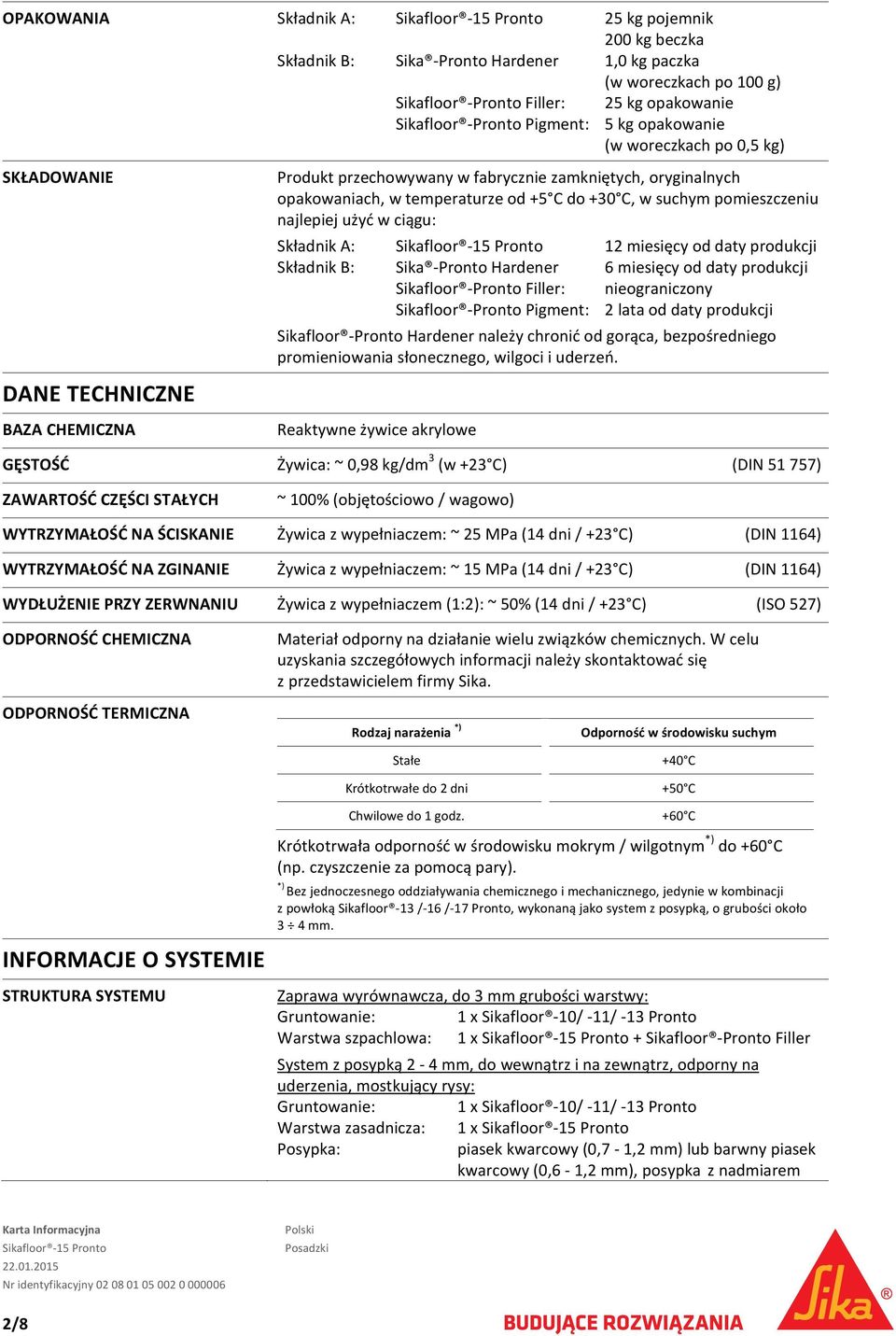 pomieszczeniu najlepiej użyć w ciągu: Składnik A: 12 miesięcy od daty produkcji Składnik B: Sika Pronto Hardener 6 miesięcy od daty produkcji Sikafloor Pronto Filler: nieograniczony Sikafloor Pronto