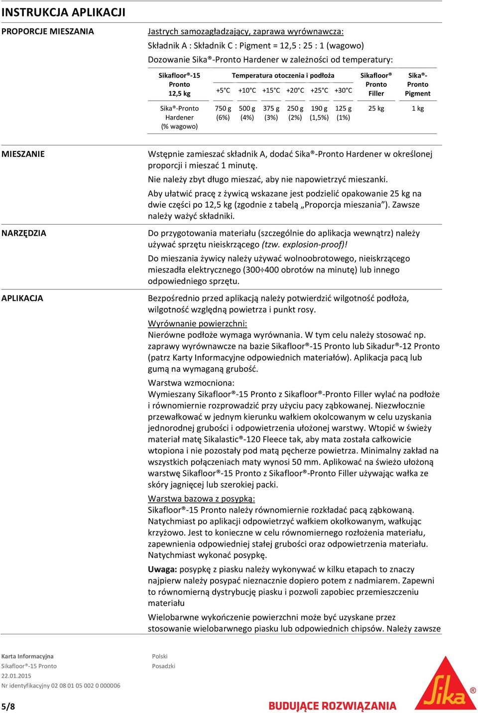 g (4%) 375 g (3%) 250 g (2%) 190 g (1,5%) 125 g (1%) 25 kg 1 kg MIESZANIE NARZĘDZIA APLIKACJA Wstępnie zamieszać składnik A, dodać Sika Pronto Hardener w określonej proporcji i mieszać 1 minutę.