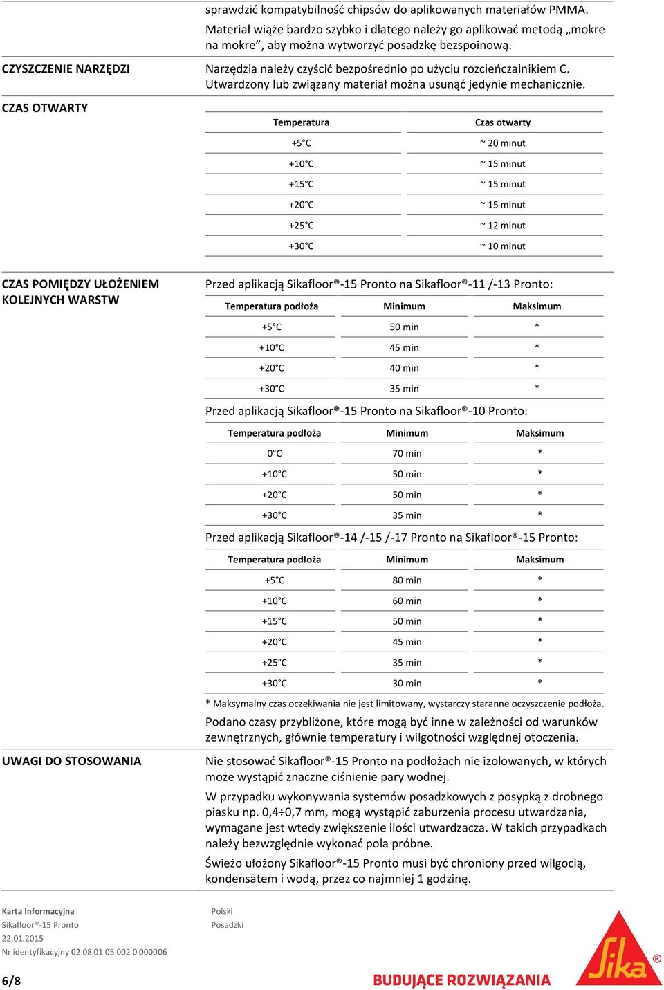 CZAS OTWARTY Temperatura +5 C +10 C +15 C +20 C +25 C +30 C Czas otwarty ~ 20 minut ~ 15 minut ~ 15 minut ~ 15 minut ~ 12 minut ~ 10 minut CZAS POMIĘDZY UŁOŻENIEM KOLEJNYCH WARSTW Przed aplikacją na