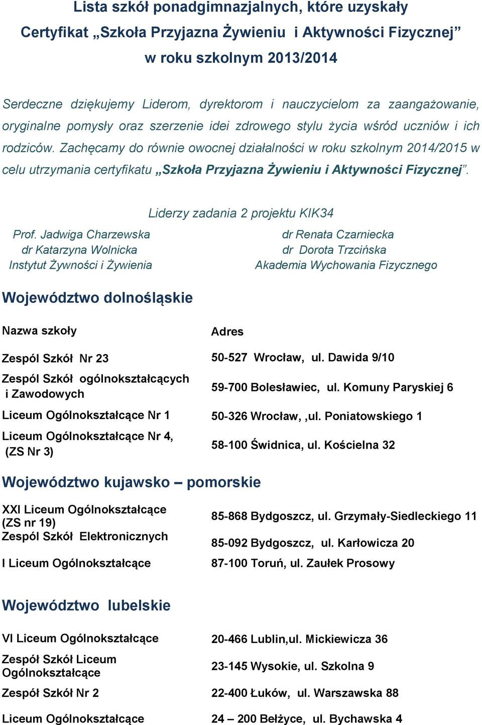 Zachęcamy do równie owocnej działalności w roku szkolnym 2014/2015 w celu utrzymania certyfikatu Szkoła Przyjazna Żywieniu i Aktywności Fizycznej. Liderzy zadania 2 projektu KIK34 Prof.