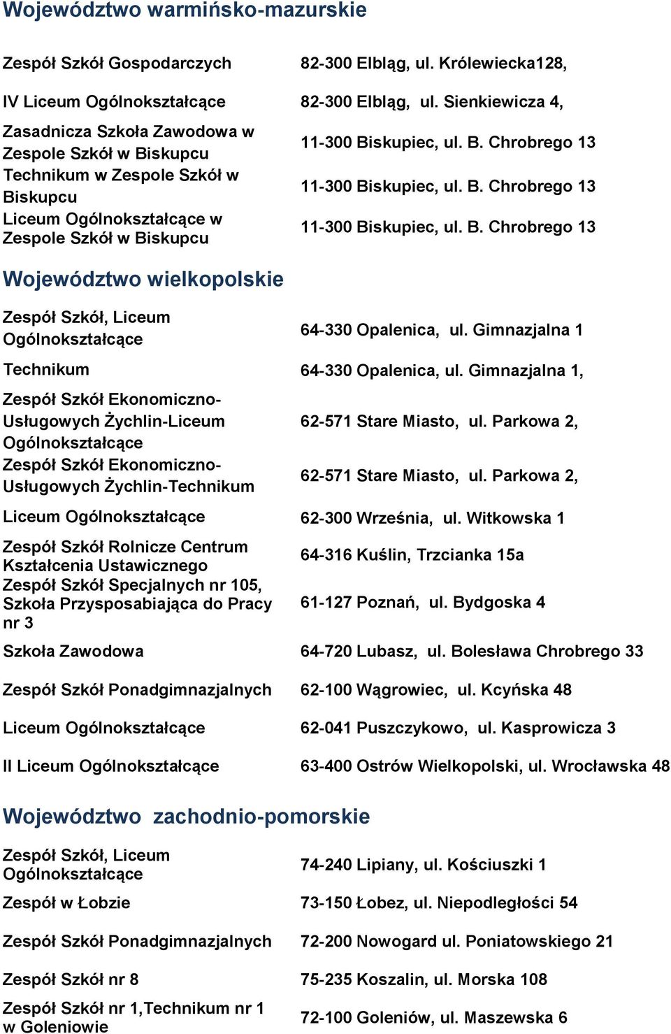 B. Chrobrego 13 11-300 Biskupiec, ul. B. Chrobrego 13 64-330 Opalenica, ul. Gimnazjalna 1 Technikum 64-330 Opalenica, ul.