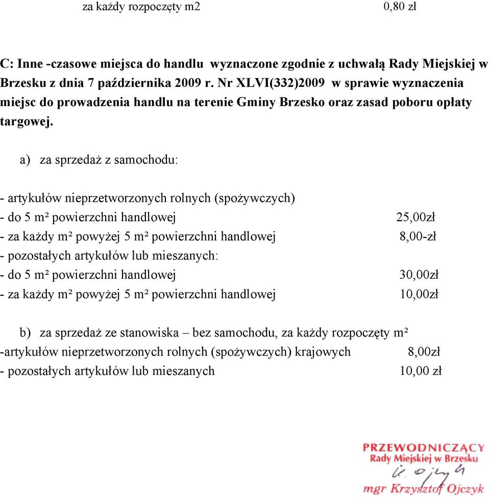 a) za sprzedaż z samochodu: - artykułów nieprzetworzonych rolnych (spożywczych) - do 5 m² powierzchni handlowej 25,00zł - za każdy m² powyżej 5 m² powierzchni handlowej 8,00-zł - pozostałych