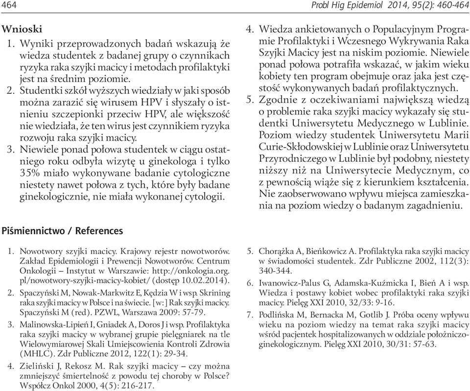 Studentki szkół wyższych wiedziały w jaki sposób można zarazić się wirusem HPV i słyszały o istnieniu szczepionki przeciw HPV, ale większość nie wiedziała, że ten wirus jest czynnikiem ryzyka rozwoju