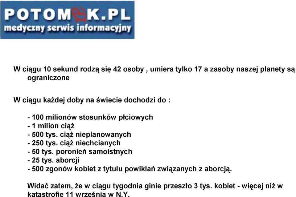 ciąż niechcianych - 50 tys. poronień samoistnych - 25 tys.