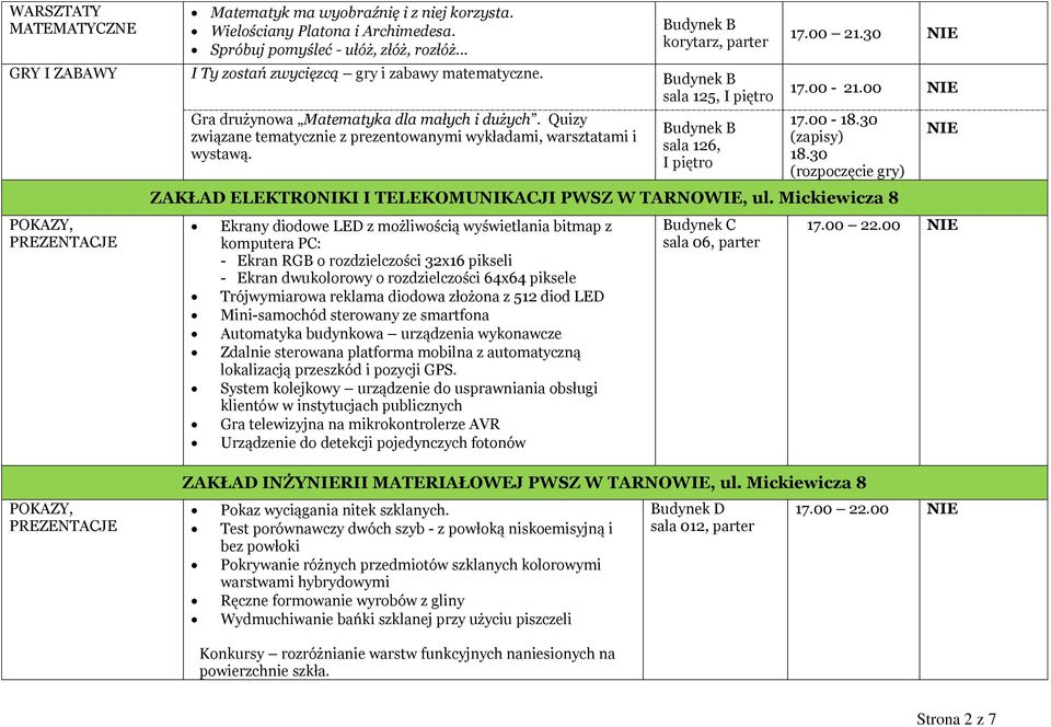 Quizy związane tematycznie z prezentowanymi wykładami, warsztatami i wystawą. sala 126, 17.00 21.30 NIE 17.00-21.00 NIE 17.00-18.30 (zapisy) 18.