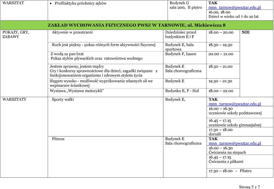 00 NIE Ruch jest piękny - pokaz różnych form aktywności fizycznej Z wodą za pan brat Pokaz stylów pływackich oraz ratownictwa wodnego Budynek E, hala 18.30 19.30 sportowa Budynek F, basen 20.00 21.