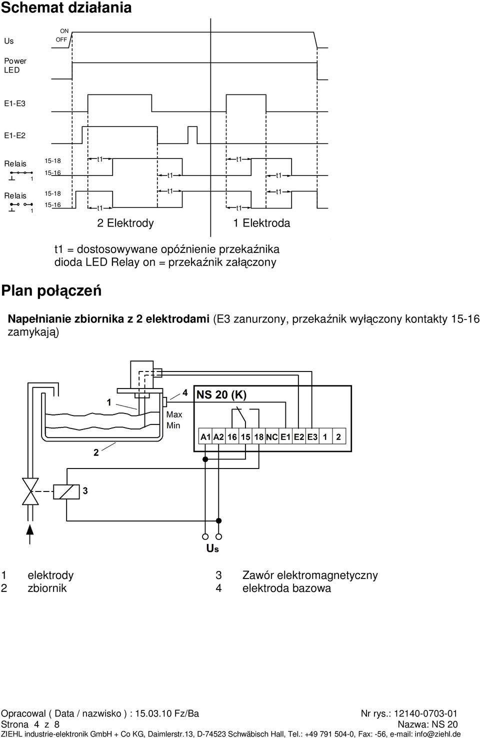 przekaźnik załączony Napełnianie zbiornika z 2 elektrodami (E3 zanurzony, przekaźnik wyłączony