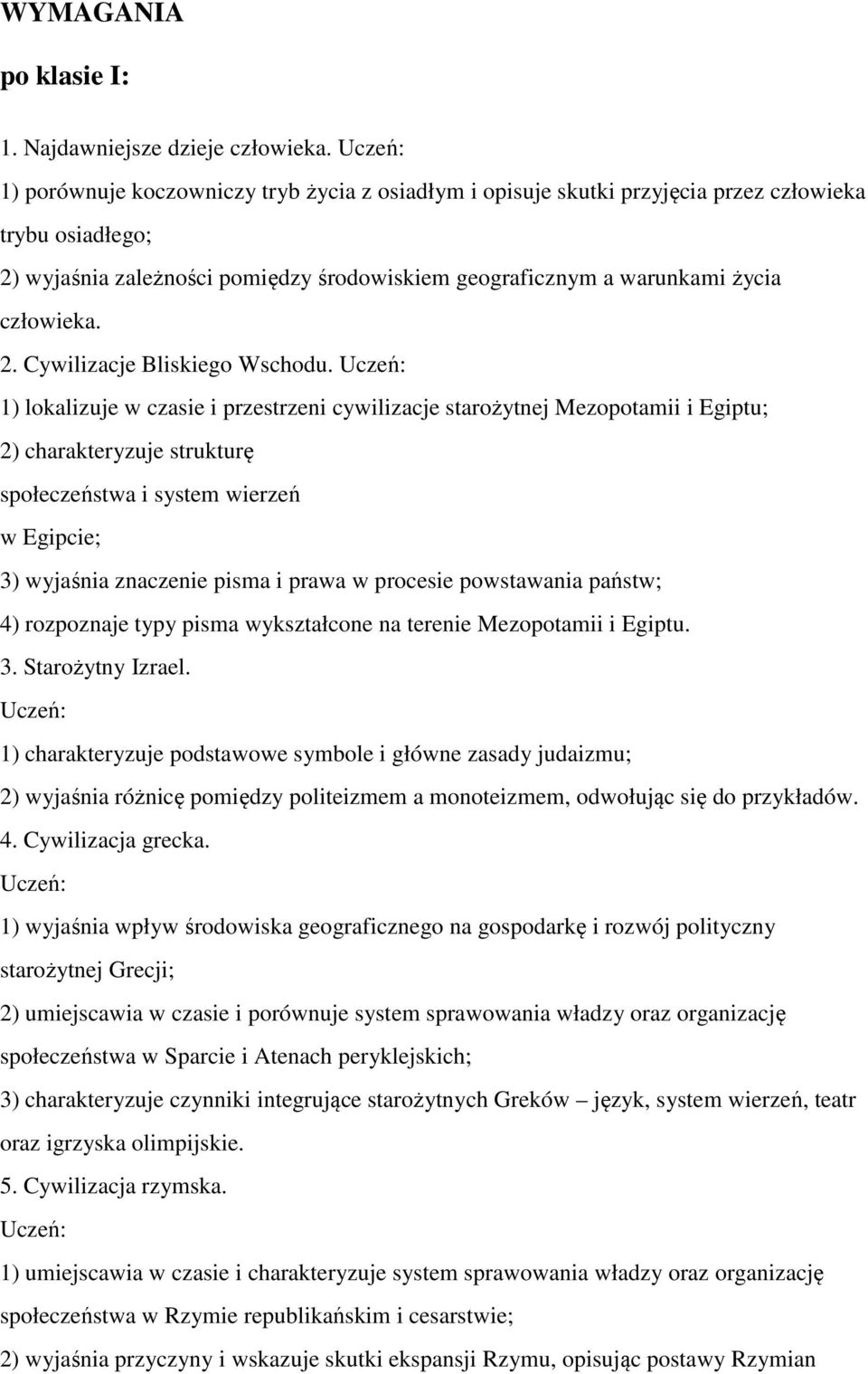 1) lokalizuje w czasie i przestrzeni cywilizacje starożytnej Mezopotamii i Egiptu; 2) charakteryzuje strukturę społeczeństwa i system wierzeń w Egipcie; 3) wyjaśnia znaczenie pisma i prawa w procesie