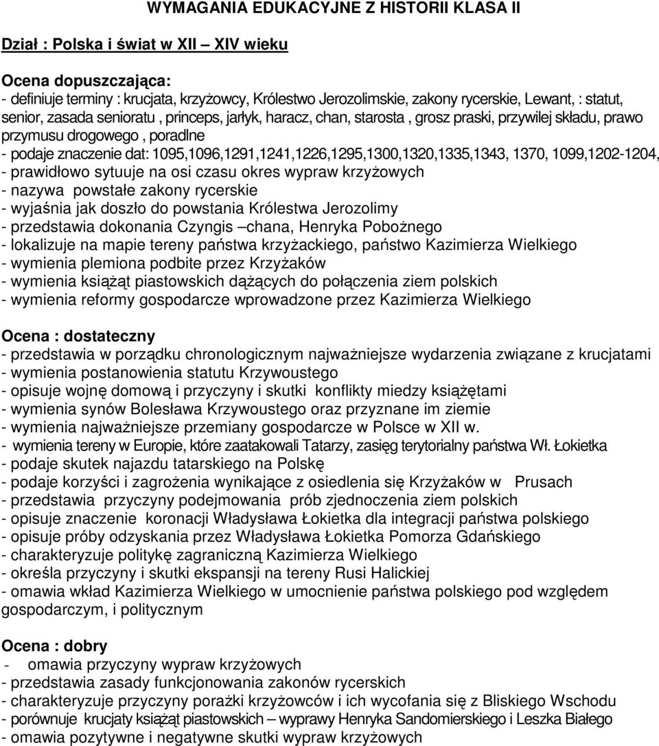 1095,1096,1291,1241,1226,1295,1300,1320,1335,1343, 1370, 1099,1202-1204, - prawidłowo sytuuje na osi czasu okres wypraw krzyżowych - nazywa powstałe zakony rycerskie - wyjaśnia jak doszło do