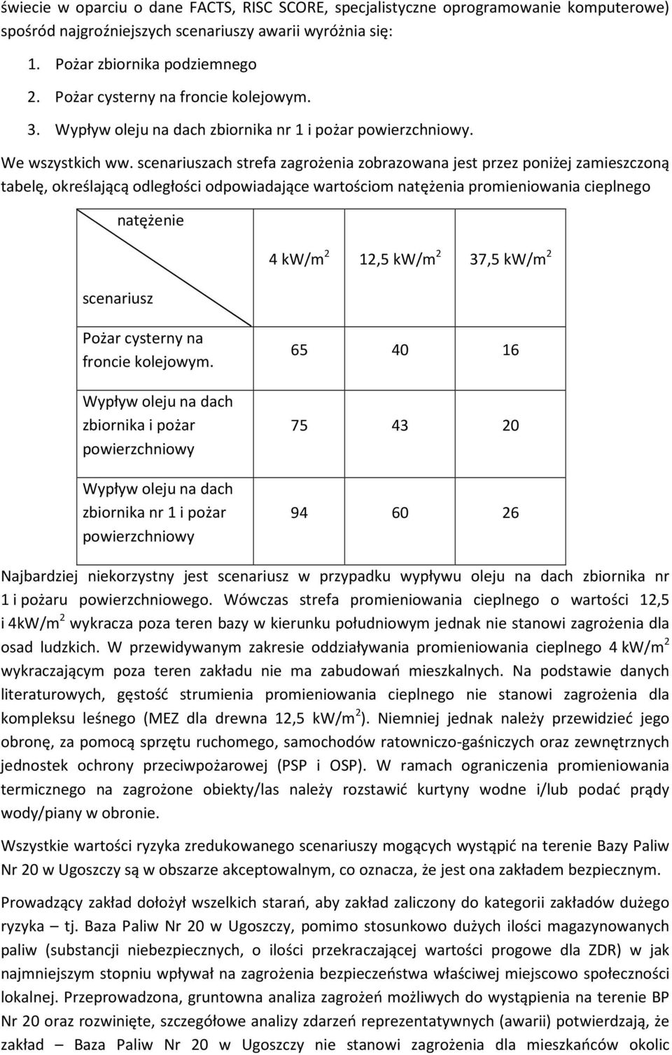 scenariuszach strefa zagrożenia zobrazowana jest przez poniżej zamieszczoną tabelę, określającą odległości odpowiadające wartościom natężenia promieniowania cieplnego natężenie scenariusz 4 kw/m 2