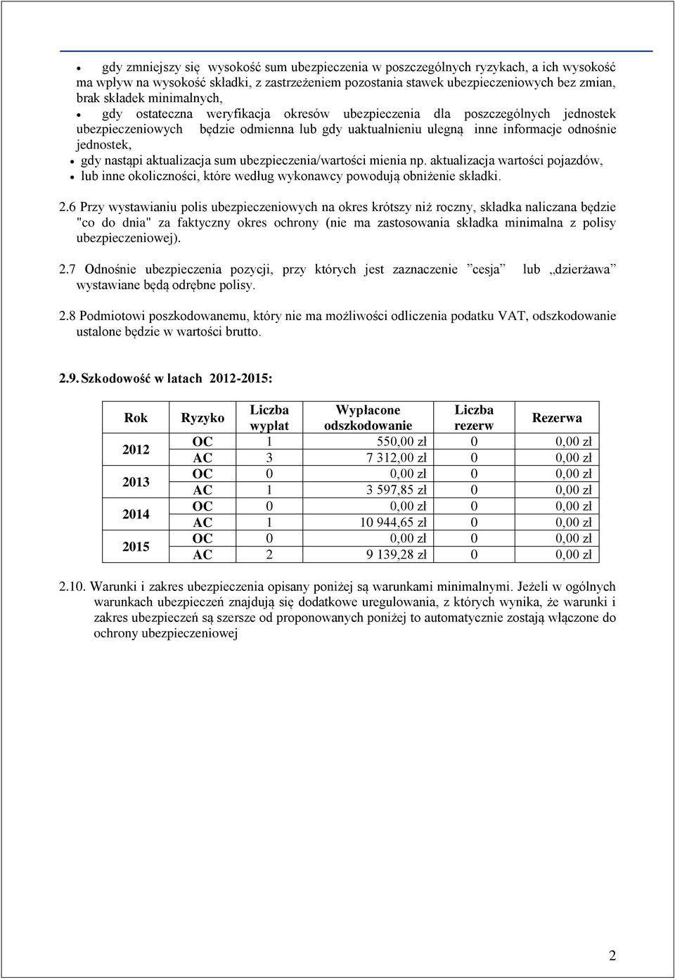 nastąpi aktualizacja sum ubezpieczenia/wartości mienia np. aktualizacja wartości pojazdów, lub inne okoliczności, które według wykonawcy powodują obniżenie składki. 2.