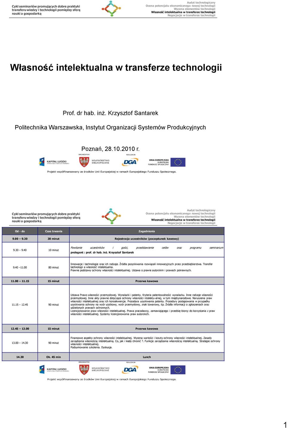 Krzysztof Santarek 9.40 11.00 80 minut Innowacje i technologie oraz ich rodzaje. Źródła pozyskiwania rozwiązań innowacyjnych przez przedsiębiorstwa. Transfer technologii a własność intelektualna.