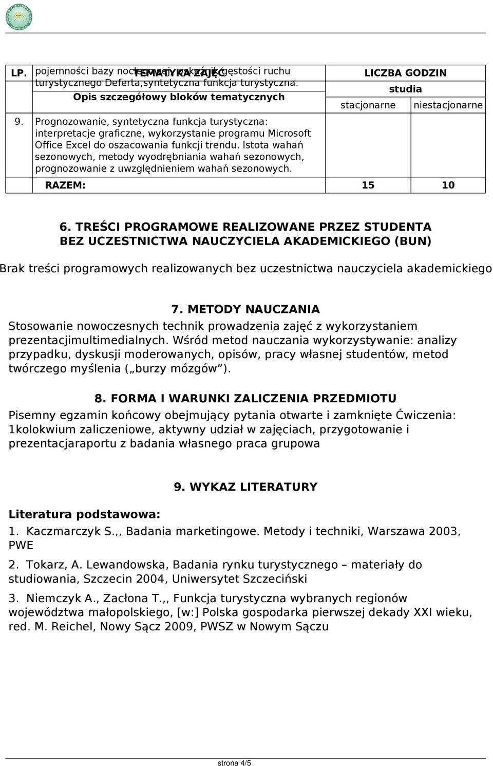 Istota wahań sezonowych, metody wyodrębniania wahań sezonowych, prognozowanie z uwzględnieniem wahań sezonowych. RAZEM: 15 10 6.