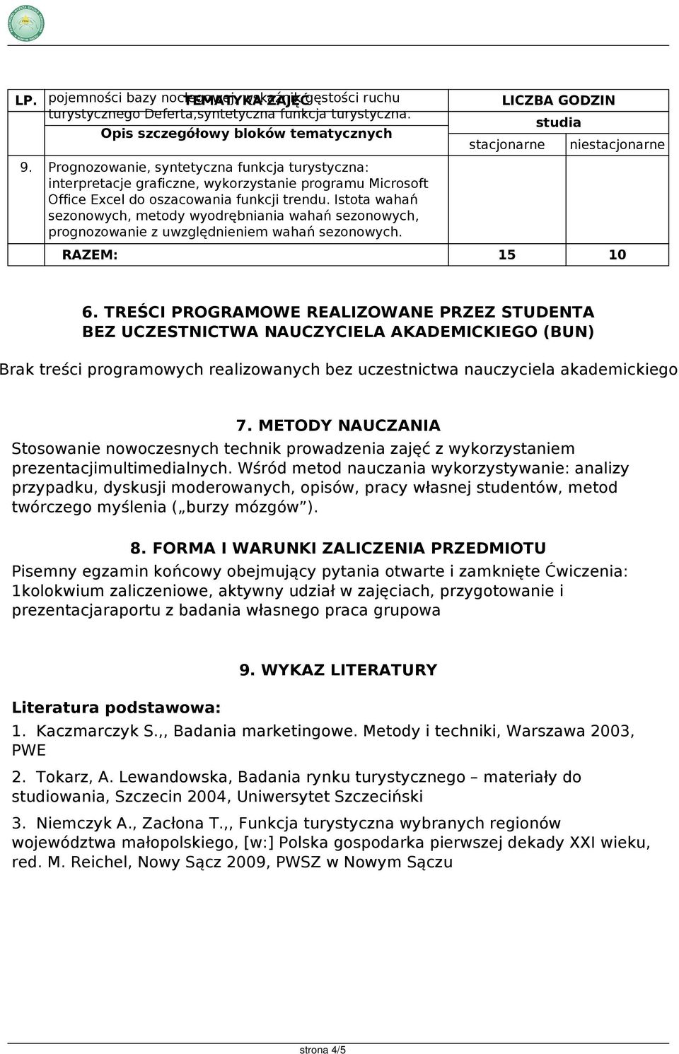 Istota wahań sezonowych, metody wyodrębniania wahań sezonowych, prognozowanie z uwzględnieniem wahań sezonowych. RAZEM: 15 10 6.