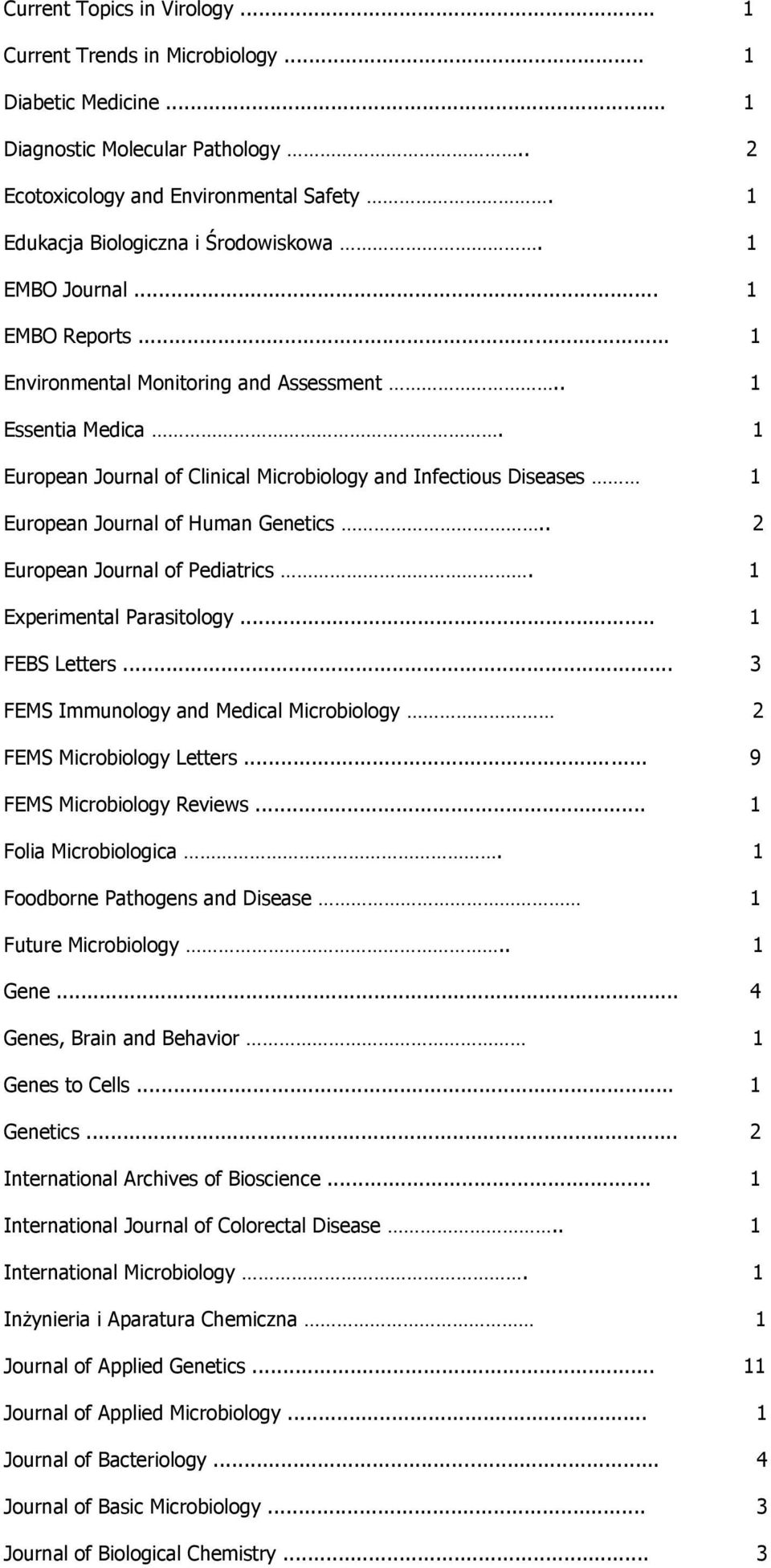 . 2 Eurpean Jurnal f Pediatrics. 1 Experimental Parasitlgy... 1 FEBS Letters... 3 FEMS Immunlgy and Medical Micrbilgy 2 FEMS Micrbilgy Letters... 9 FEMS Micrbilgy Reviews... 1 Flia Micrbilgica.