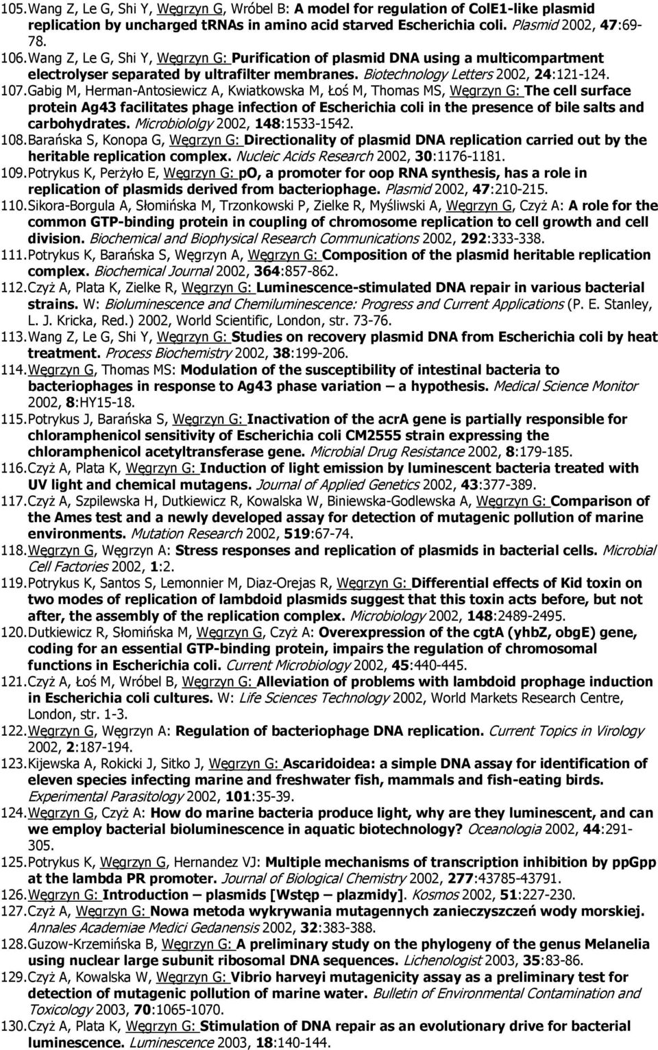 Gabig M, Herman-Antsiewicz A, Kwiatkwska M, Łś M, Thmas MS, Węgrzyn G: The cell surface prtein Ag43 facilitates phage infectin f Escherichia cli in the presence f bile salts and carbhydrates.