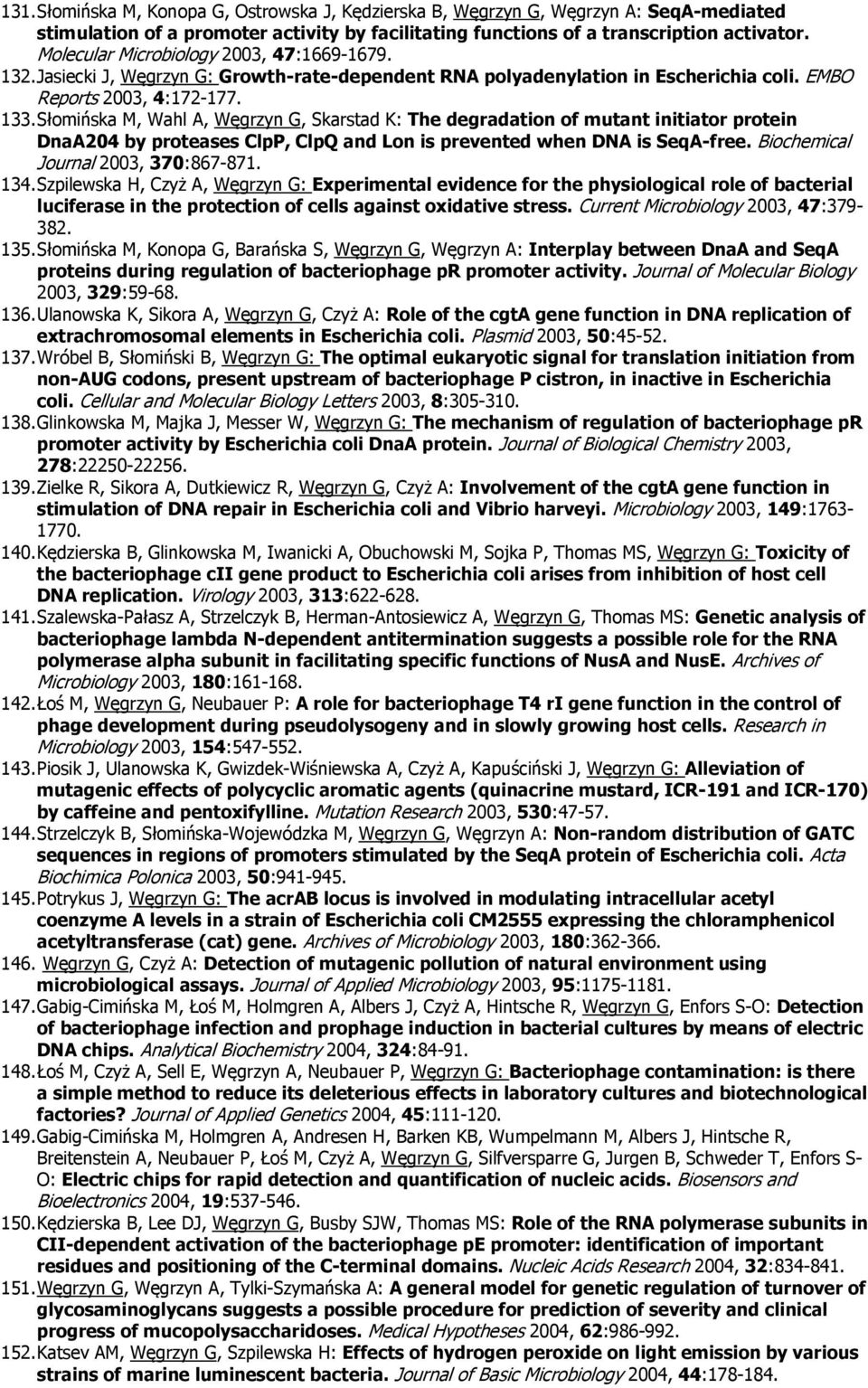 Słmińska M, Wahl A, Węgrzyn G, Skarstad K: The degradatin f mutant initiatr prtein DnaA204 by prteases ClpP, ClpQ and Ln is prevented when DNA is SeqA-free. Bichemical Jurnal 2003, 370:867-871. 134.