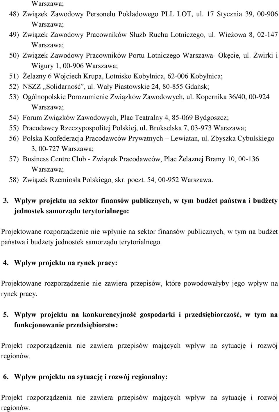 Żwirki i Wigury 1, 00-906 51) Żelazny 6 Wojciech Krupa, Lotnisko Kobylnica, 62-006 Kobylnica; 52) NSZZ Solidarność, ul.