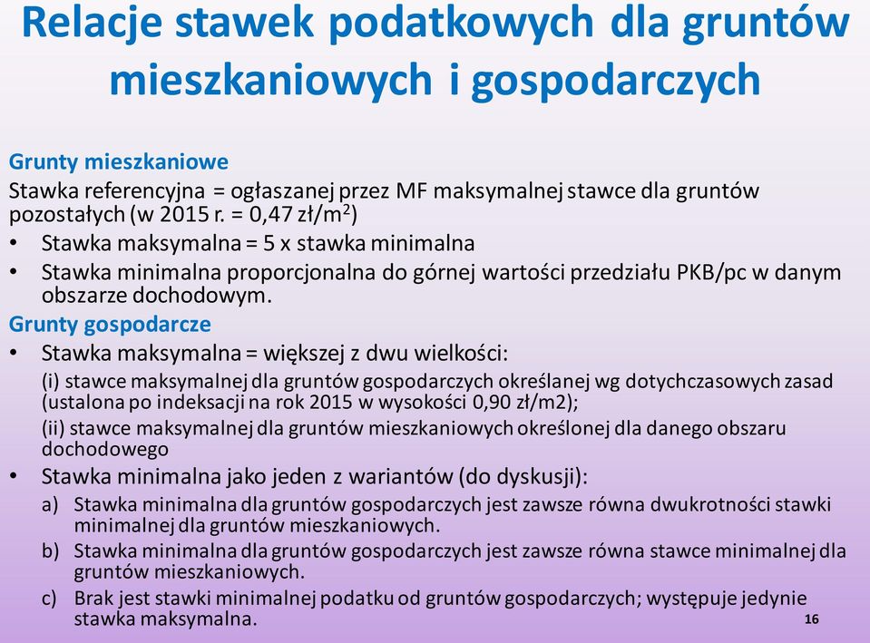 Grunty gospodarcze Stawka maksymalna = większej z dwu wielkości: (i) stawce maksymalnej dla gruntów gospodarczych określanej wg dotychczasowych zasad (ustalona po indeksacji na rok 2015 w wysokości