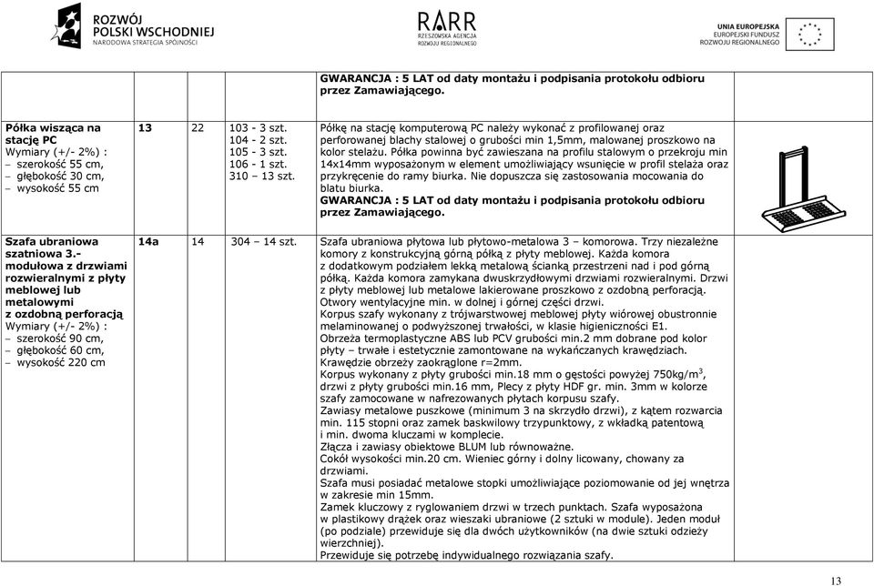 Półka powinna być zawieszana na profilu stalowym o przekroju min 14x14mm wyposażonym w element umożliwiający wsunięcie w profil stelaża oraz przykręcenie do ramy biurka.