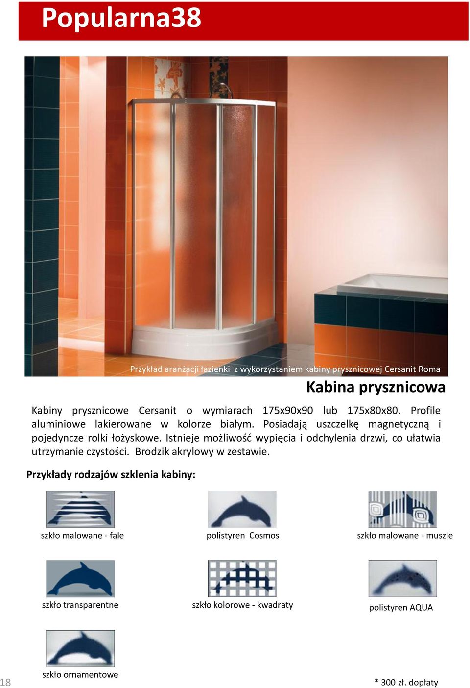 Istnieje możliwość wypięcia i odchylenia drzwi, co ułatwia utrzymanie czystości. Brodzik akrylowy w zestawie.