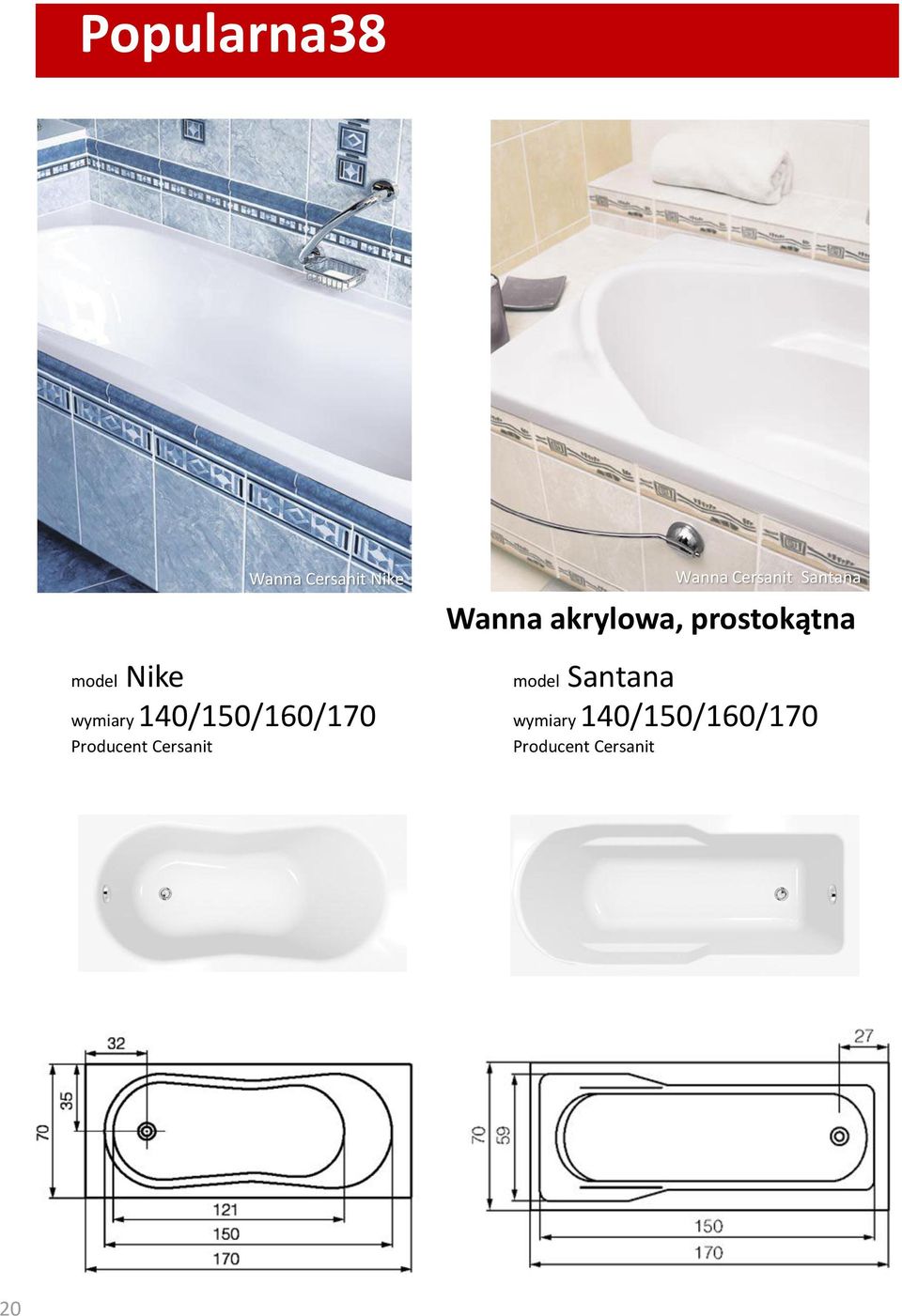 Cersanit Wanna akrylowa, prostokątna model Santana