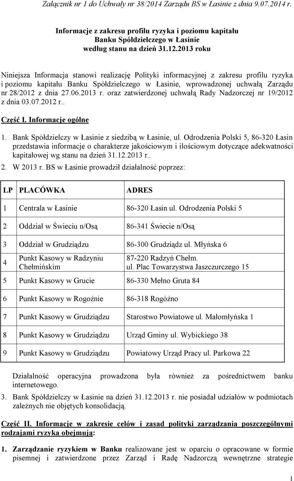 06.2013 r. oraz zatwierdzonej uchwałą Rady Nadzorczej nr 19/2012 z dnia 03.07.2012 r.. Część I. Informacje ogólne 1. Bank Spółdzielczy w Łasinie z siedzibą w Łasinie, ul.