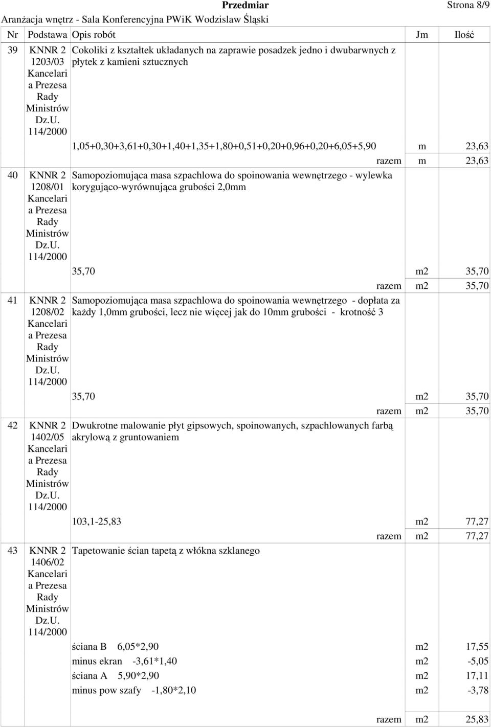 grubości 2,0mm 41 KNNR 2 1208/02 Samopoziomująca masa szpachlowa do spoinowania wewnętrzego - dopłata za kaŝdy 1,0mm grubości, lecz nie więcej jak do 10mm grubości - krotność 3 42 KNNR 2 1402/05