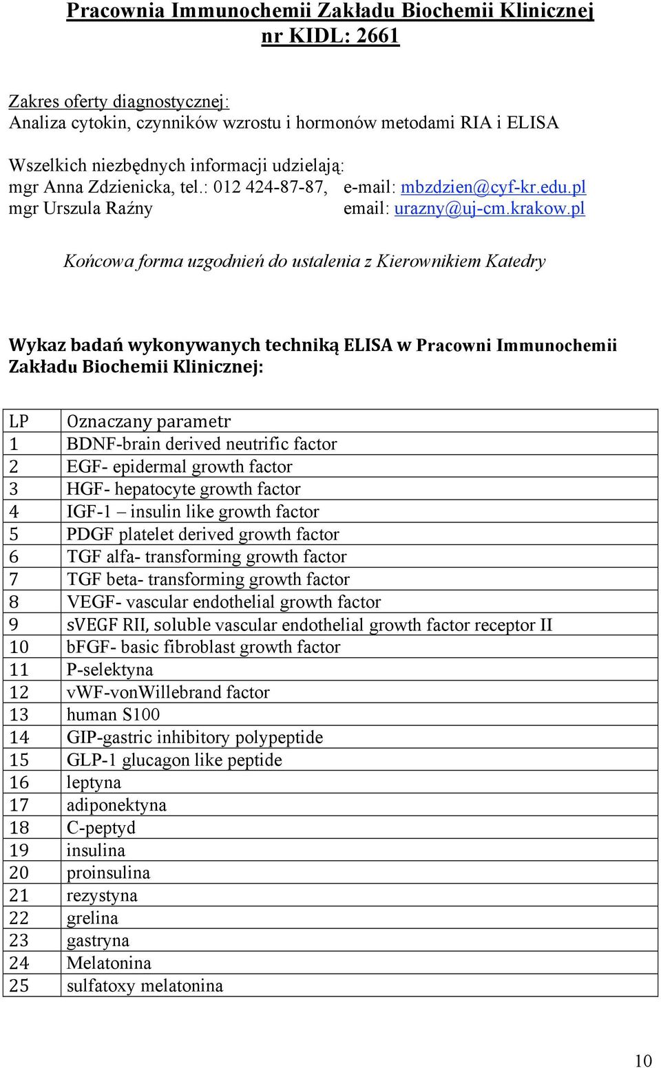 pl Końcowa forma uzgodnień do ustalenia z Kierownikiem Katedry Wykaz badań wykonywanych techniką ELISA w Pracowni Immunochemii Zakładu Biochemii Klinicznej: LP Oznaczany parametr 1 BDNF-brain derived