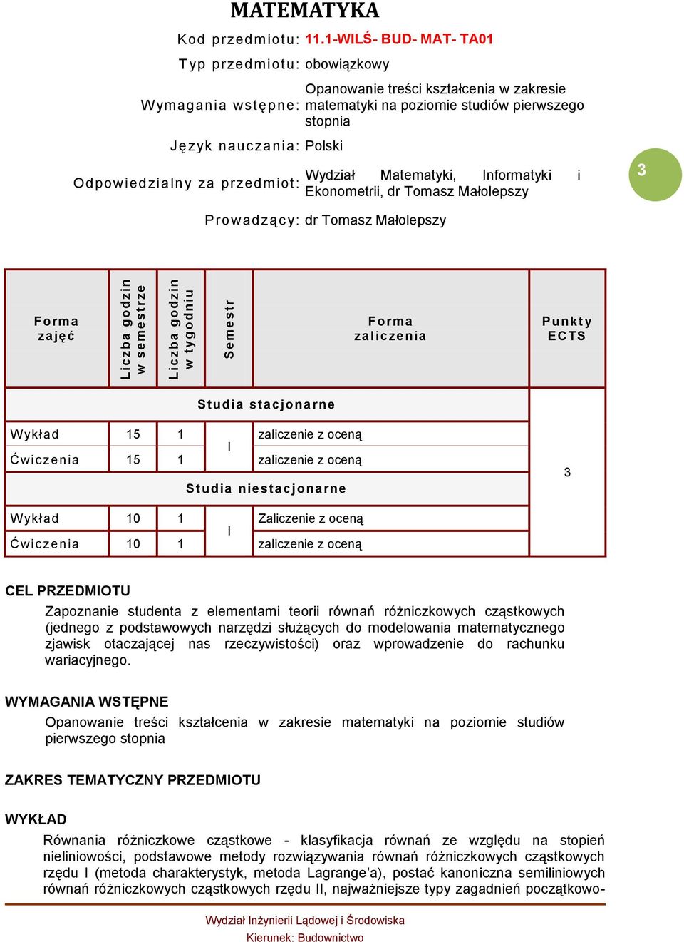 pierwszego stopnia Wydział Matematyki, Informatyki i Ekonometrii, dr Tomasz Małolepszy 3 Prowadząc y: dr Tomasz Małolepszy zajęć zaliczenia Punkt y ECTS Studia stacjonarne W ykład 15 1 zaliczenie z