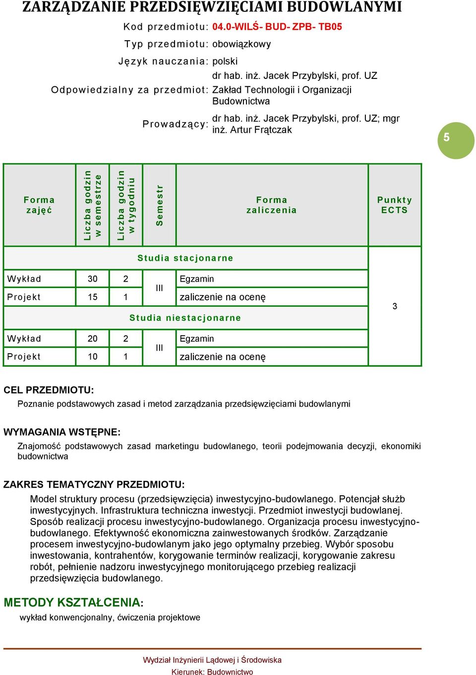 UZ Zakład Technologii i Organizacji Budownictwa dr hab. inż. Jacek Przybylski, prof. UZ; mgr inż.
