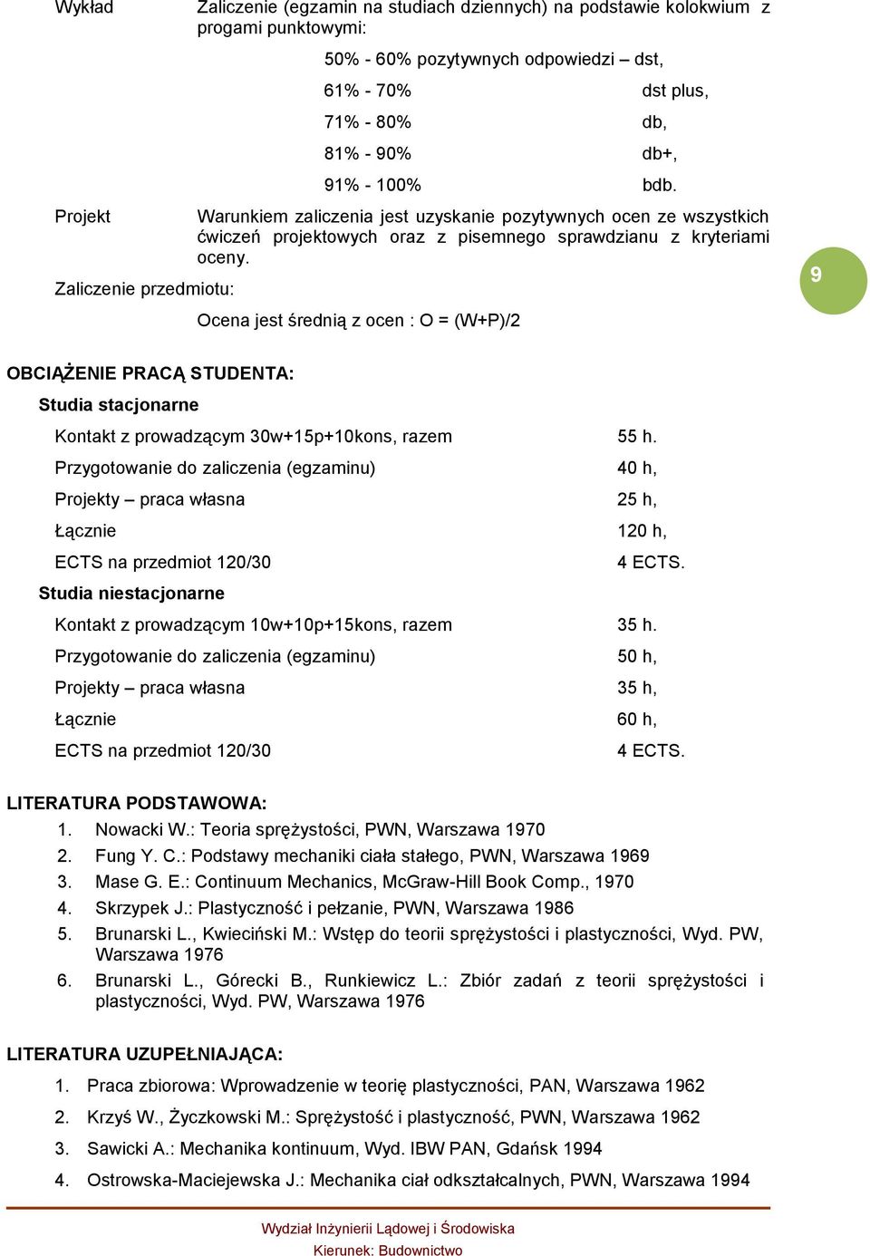 9 Ocena jest średnią z ocen : O = (W+P)/2 OBCIĄŻENIE PRACĄ STUDENTA: Studia stacjonarne Kontakt z prowadzącym 30w+15p+10kons, razem 55 h.