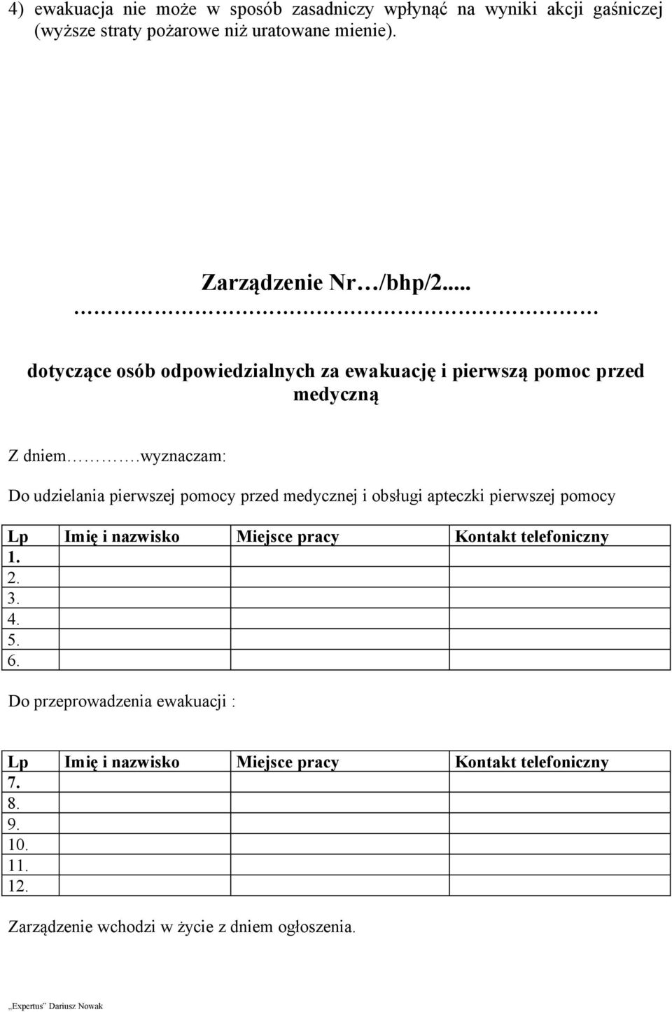 wyznaczam: Do udzielania pierwszej pomocy przed medycznej i obsługi apteczki pierwszej pomocy Lp Imię i nazwisko Miejsce pracy Kontakt