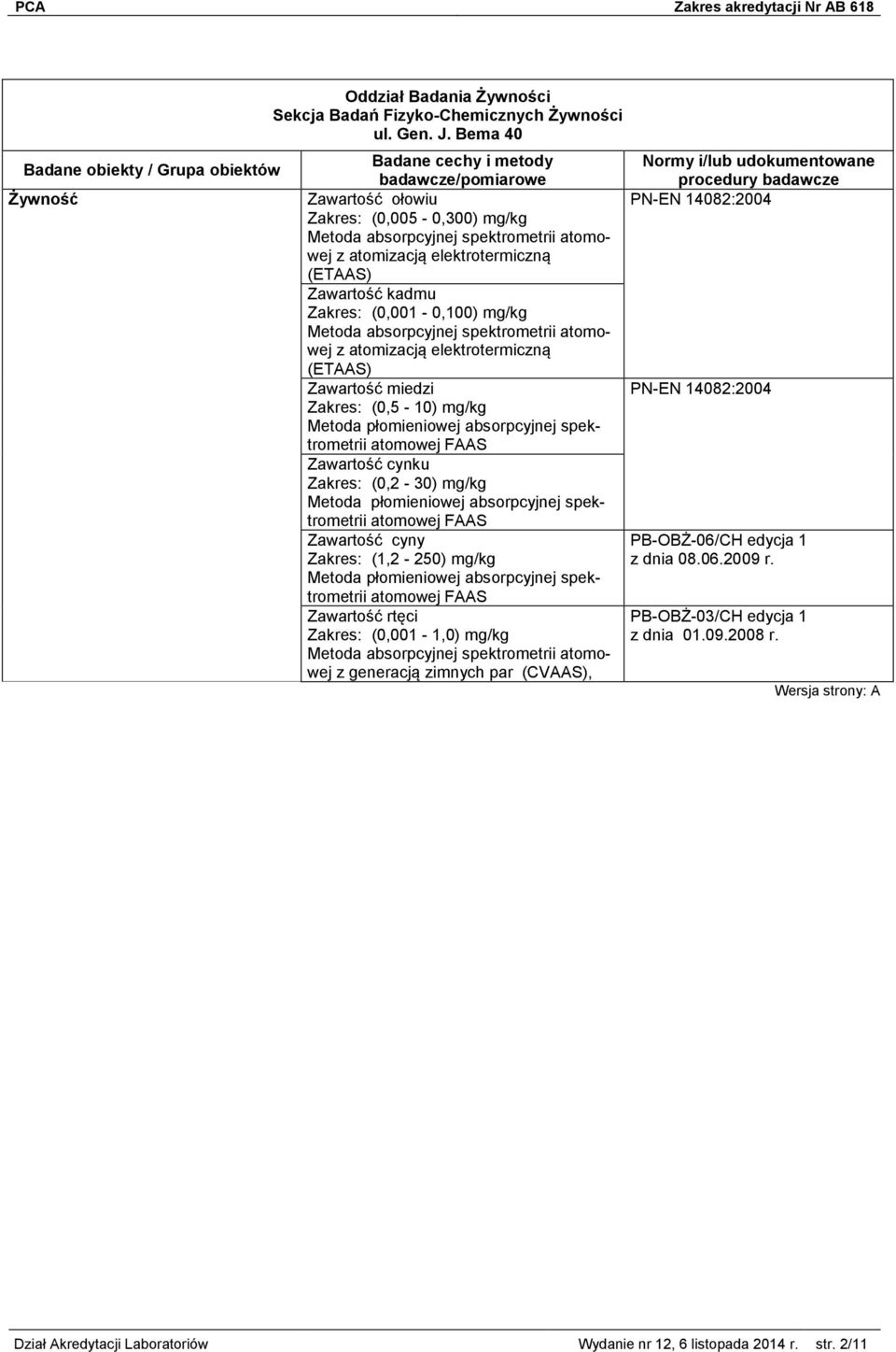 absorpcyjnej spektrometrii atomowej FAAS Zawartość cyny (1,2-250) mg/kg Metoda płomieniowej absorpcyjnej spektrometrii atomowej FAAS Zawartość rtęci (0,001-1,0) mg/kg z generacją zimnych par