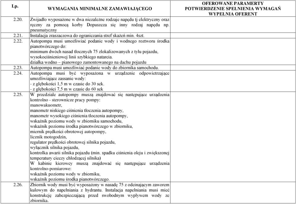 Autopompa musi umożliwiać podanie wody i wodnego roztworu środka pianotwórczego do: minimum dwóch nasad tłocznych 75 zlokalizowanych z tyłu pojazdu, wysokociśnieniowej linii szybkiego natarcia.