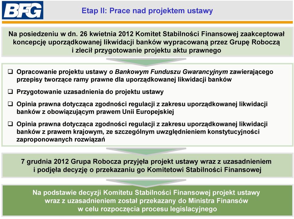 projektu ustawy o Bankowym Funduszu Gwarancyjnym zawierającego przepisy tworzące ramy prawne dla uporządkowanej likwidacji banków Przygotowanie uzasadnienia do projektu ustawy Opinia prawna dotycząca