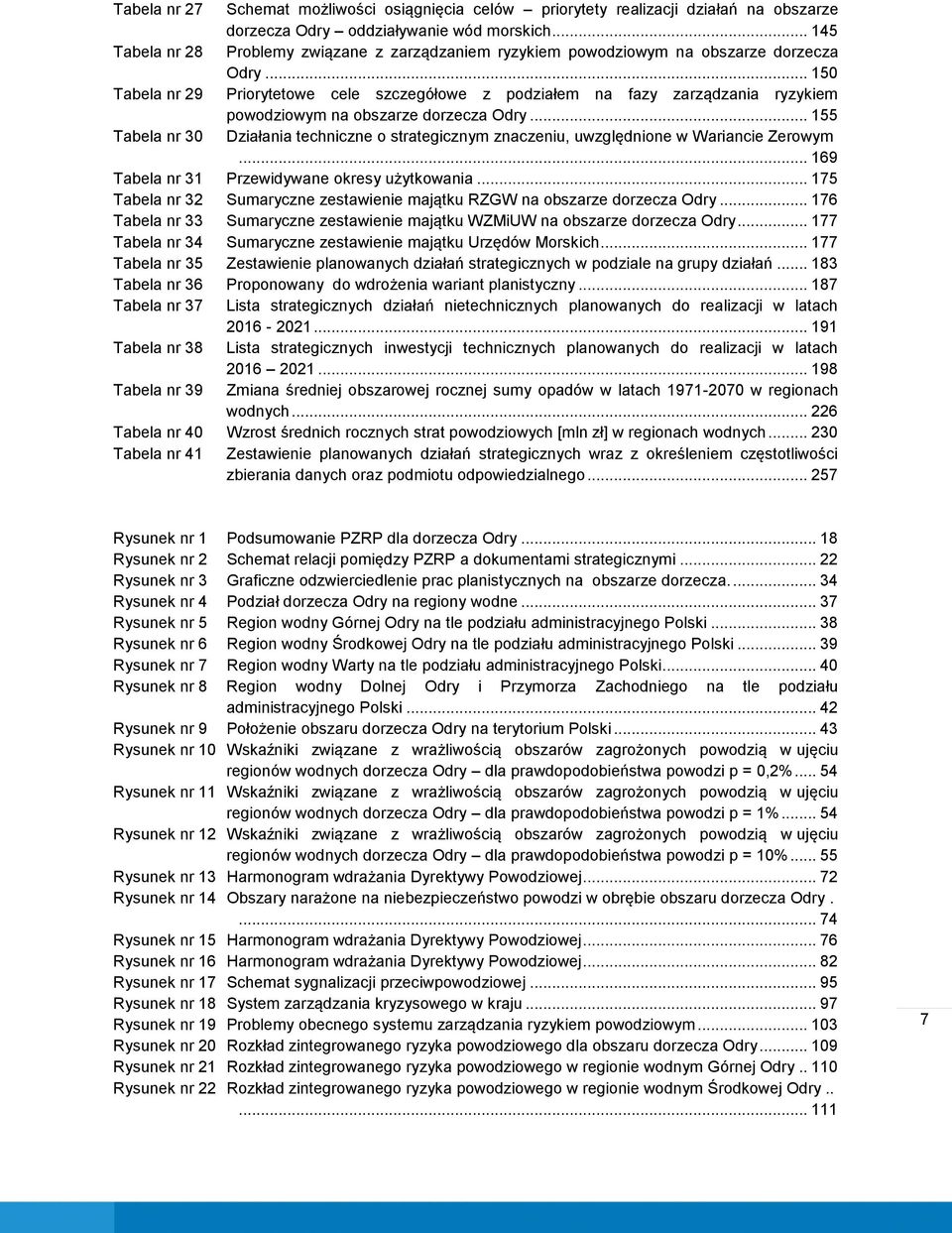 .. 150 Tabela nr 29 Priorytetowe cele szczegółowe z podziałem na fazy zarządzania ryzykiem powodziowym na obszarze dorzecza Odry.