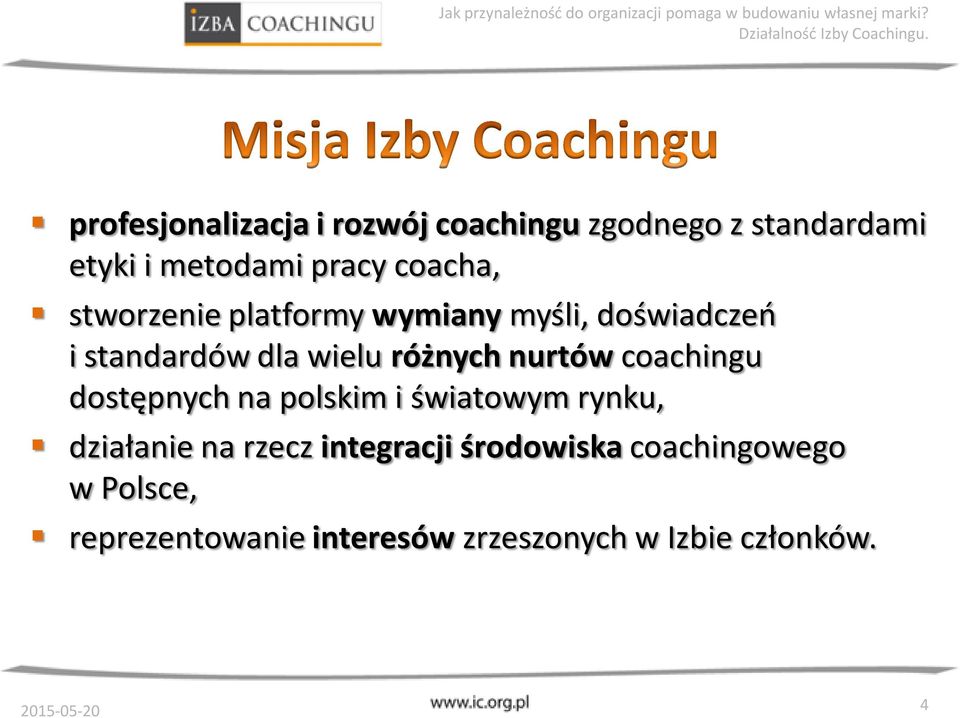 nurtów coachingu dostępnych na polskim i światowym rynku, działanie na rzecz integracji