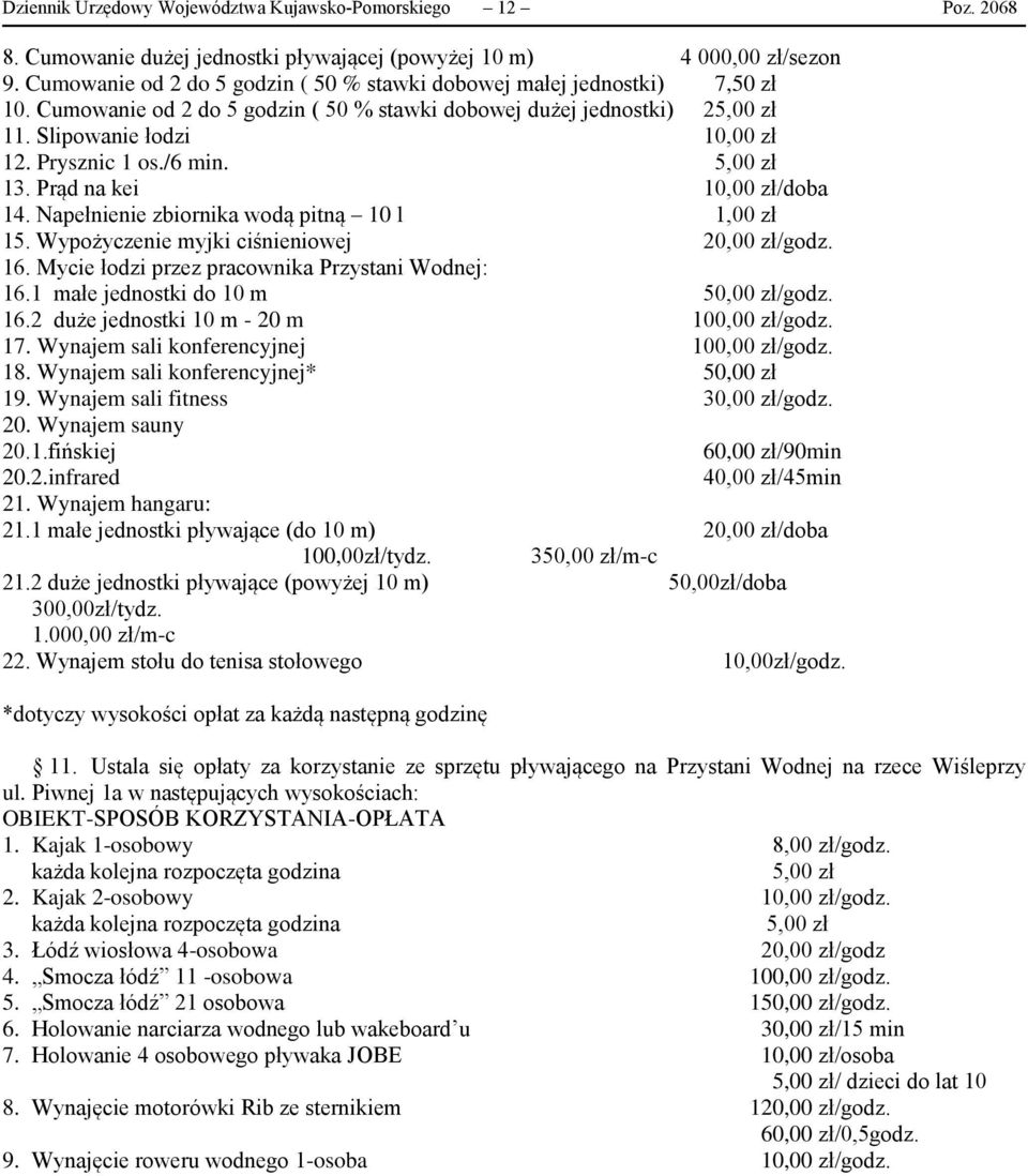 Prysznic 1 os./6 min. 5,00 zł 13. Prąd na kei 10,00 zł/doba 14. Napełnienie zbiornika wodą pitną 10 l 1,00 zł 15. Wypożyczenie myjki ciśnieniowej 20,00 zł/godz. 16.