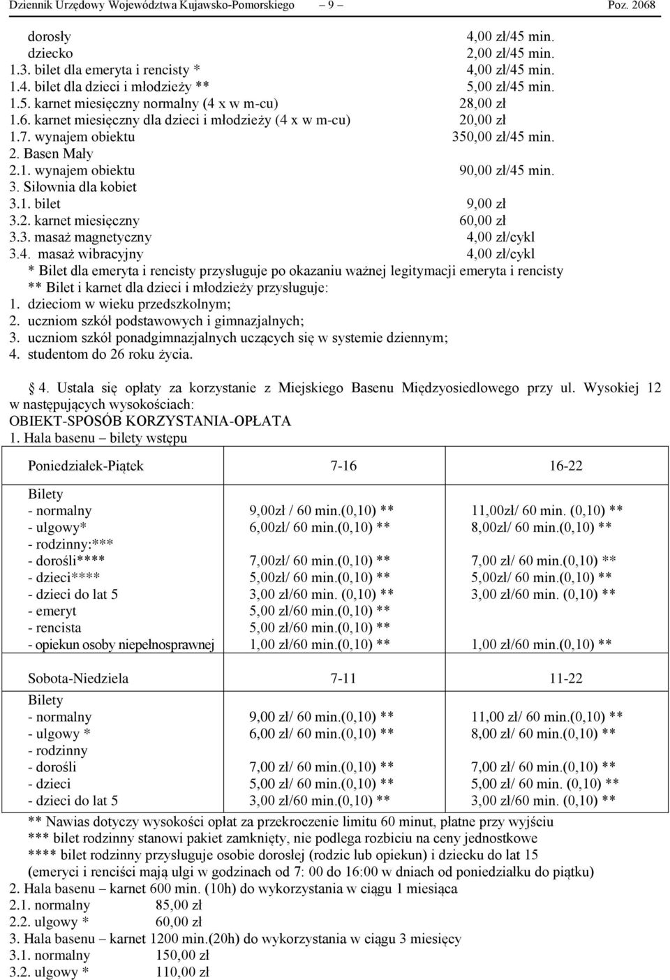 3. Siłownia dla kobiet 3.1. bilet 9,00 zł 3.2. karnet miesięczny 60,00 zł 3.3. masaż magnetyczny 4,