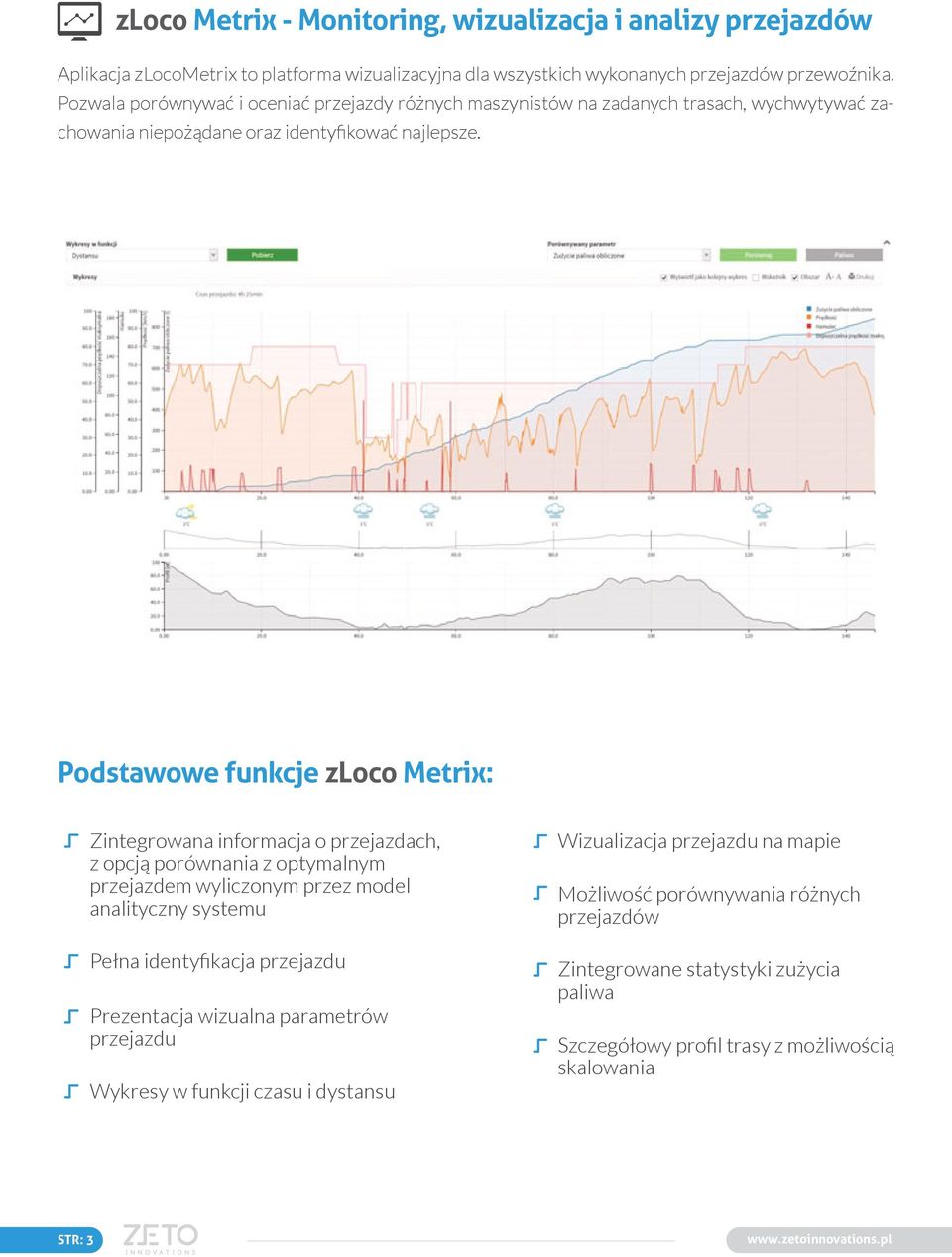 Podstawowe funkcje zloco Metrix: Zintegrowana informacja o przejazdach, z opcją porównania z optymalnym przejazdem wyliczonym przez model analityczny systemu Wizualizacja przejazdu na