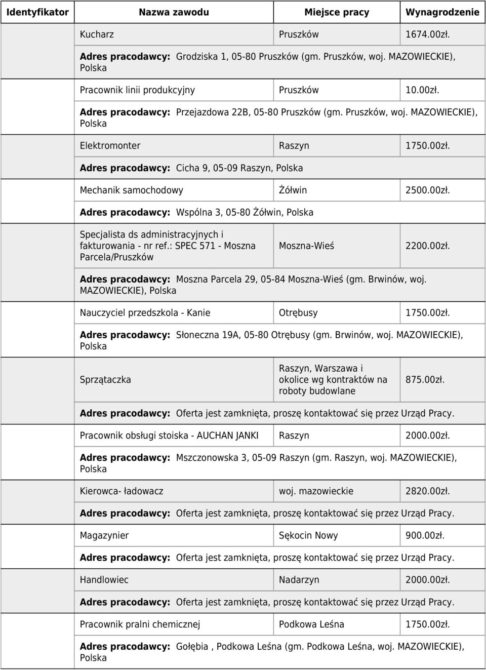 : SPEC 571 - Moszna Parcela/ Moszna-Wieś 2200.00zł. Adres pracodawcy: Moszna Parcela 29, 05-84 Moszna-Wieś (gm. Brwinów, woj. MAZOWIECKIE), Nauczyciel przedszkola - Kanie Otrębusy 1750.00zł. Adres pracodawcy: Słoneczna 19A, 05-80 Otrębusy (gm.