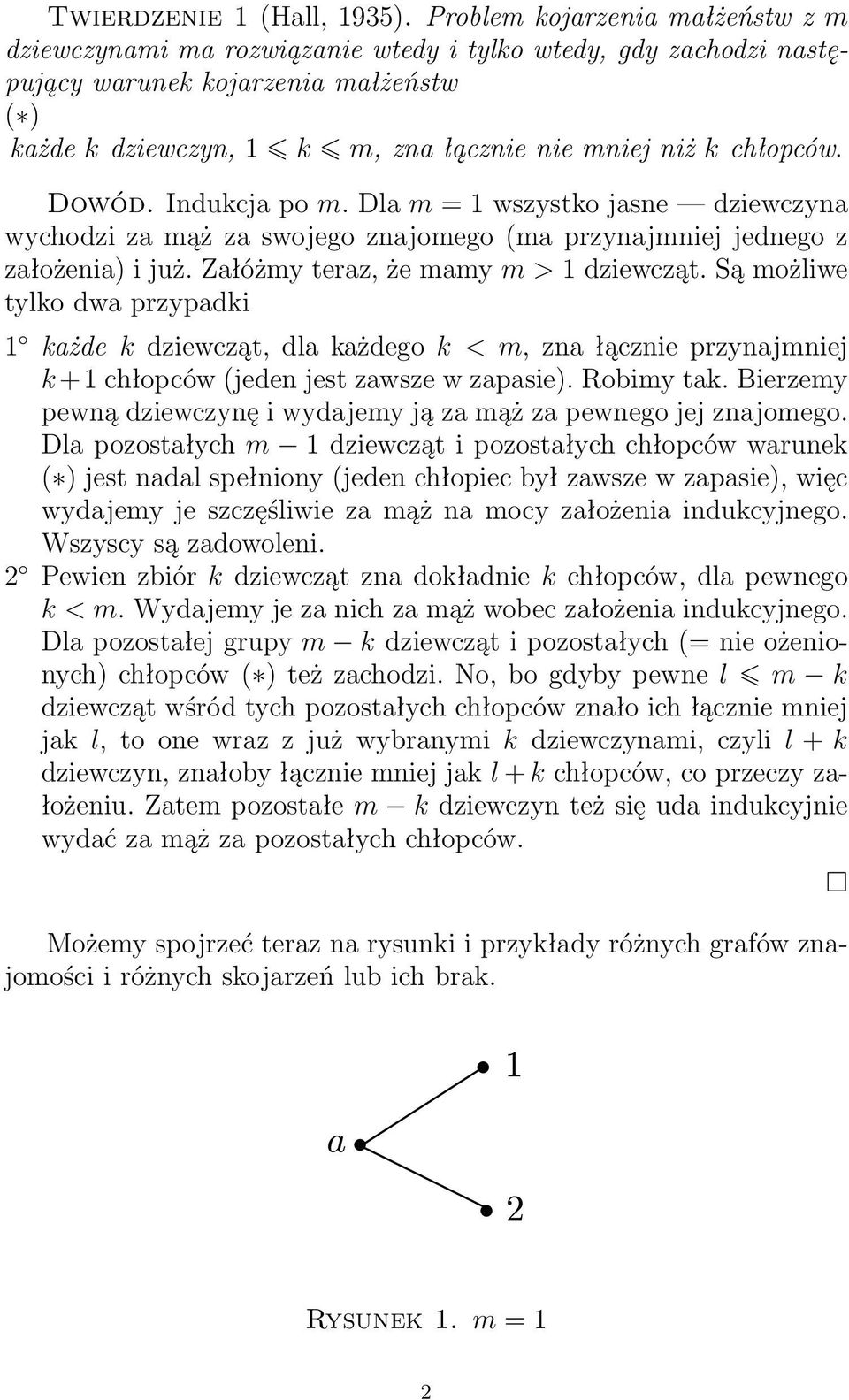 chłopców. Dowód. Indukcja po m. Dla m = 1 wszystko jasne dziewczyna wychodzi za mąż za swojego znajomego (ma przynajmniej jednego z założenia) i już. Załóżmy teraz, że mamy m > 1 dziewcząt.