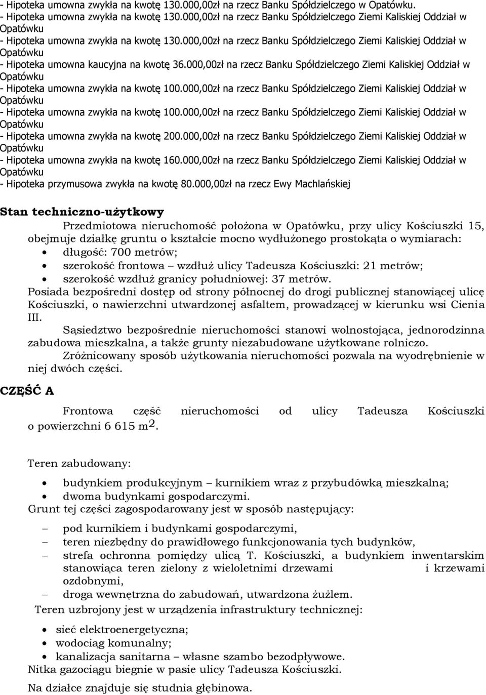 000,00zł na rzecz Banku Spółdzielczego Ziemi Kaliskiej Oddział w - Hipoteka umowna kaucyjna na kwotę 36.