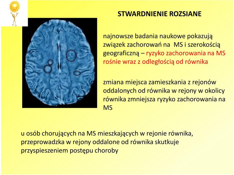 oddalonych od równika w rejony w okolicy równika zmniejsza ryzyko zachorowania na MS u osób chorujących na